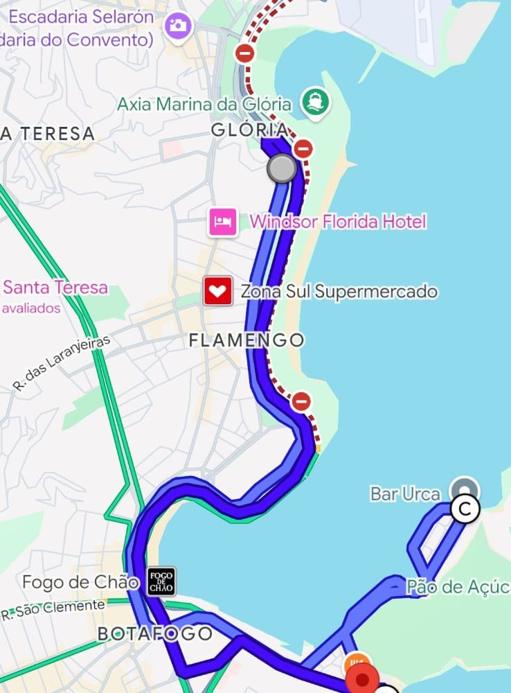Google Maps aberto de verdade, mostrando a rota real de Glória até a Urca e o Pão de Açúcar.